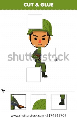 Education game for children cut and glue cut parts of cute cartoon soldier profession and glue them printable worksheet