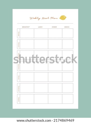 (Lemon) Weekly Meal Planner printable template Vector. Easily plan out of your weekly meals for breakfast, lunch, dinner and snacks.