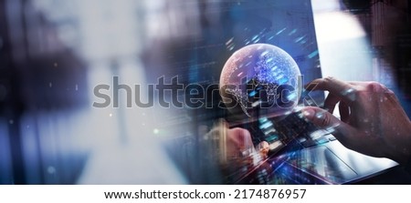 Internet network technology, digital software development, abstract background, metaverse, IoT concept. Man using digital tablet and laptop with global internet network connection, computer code
