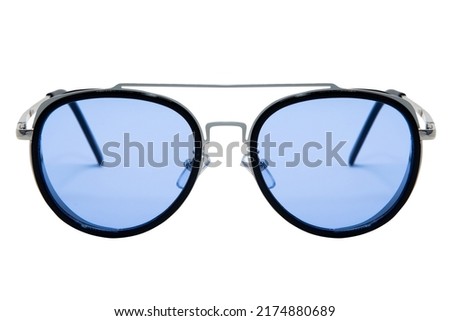 Trendy Sunglasses aviator style silver frame with sky blue lens isolated on white background front view