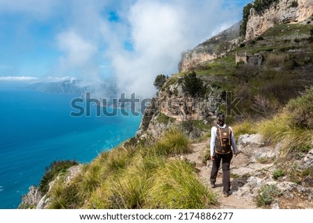 Hiking the famous path Sentiero degli Dei, the path of Gods at the Amalfi coast, Southern Italy Royalty-Free Stock Photo #2174886277