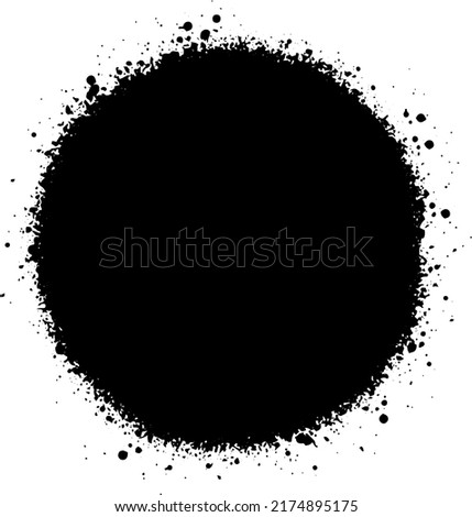 Round black design element, blob, shape with ruffed, distressed, splattered edges. Use for mark making, pattern, overlay, montage, brushes. Transparent background.