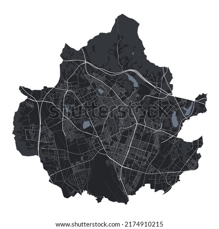 Suwon vector map. Detailed vector map of Suwon city administrative area. Cityscape poster metropolitan aria view. Black land with white streets, roads and avenues. White background. Royalty-Free Stock Photo #2174910215