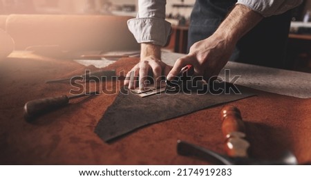 Natural leather brown color with tools of craft working. Concept background tailor shoes maker craftman. Royalty-Free Stock Photo #2174919283