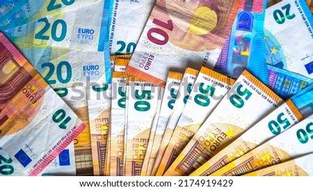 fifty euro, ten euro, twenty euro banknotes. Inflation. Expenses and income. Finance and savings. Money counting. Cash. A crisis. Business. Central bank. Euro Union. Economy. Salary. Currency. War