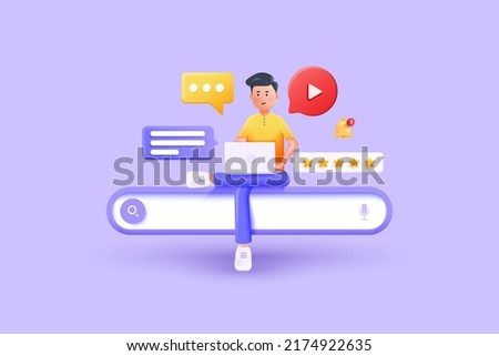 3D Render of Young Man Sitting on bar with working on his Laptop. Concept of web development and coding. 3D vector illustration