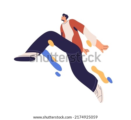 Creative enthusiastic man making step forward. Free independent inspired person. Energy, aspirations, ambitions and inspiration concept. Flat graphic vector illustration isolated on white background Royalty-Free Stock Photo #2174925059