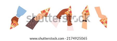 Hand holding, taking triangle pizza slices set. Italian fast food, cut snack pieces. Salami sausage and cheese fastfood eating, top view. Flat graphic vector illustrations isolated on white background