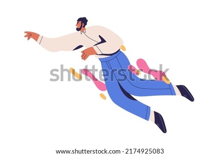 Man flying, floating in air. Creative energy, imagination, aspiration, inspiration concept. Inspired happy office worker in free flight. Flat graphic vector illustration isolated on white background