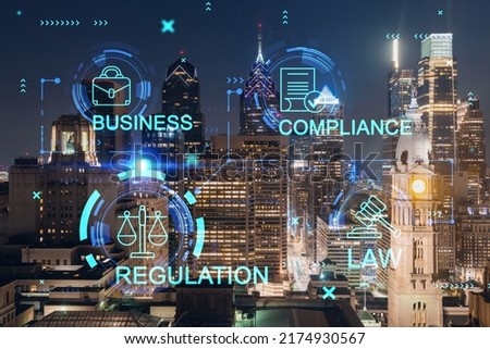 Aerial panoramic cityscape of Philadelphia financial downtown at night time, Pennsylvania, USA. Glowing hologram of legal icons. The concept of law, order, regulations and digital justice.