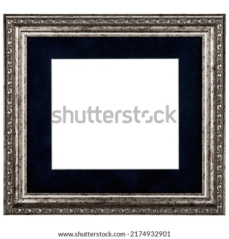 Antique Bright Silver Rentangle Classic Old Vintage Wooden mockup canvas frame isolated on white background. Blank diverse subject moulding baguette. Design element. Use for paint, mirrors or photo.