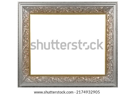 Antique Bright Silver Rentangle Classic Old Vintage Wooden mockup canvas frame isolated on white background. Blank diverse subject moulding baguette. Design element. Use for paint, mirrors or photo.