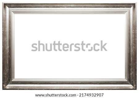 Antique Bright Silver Rentangle Classic Old Vintage Wooden mockup canvas frame isolated on white background. Blank diverse subject moulding baguette. Design element. Use for paint, mirrors or photo.