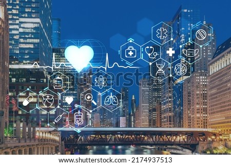 Panorama cityscape of Chicago downtown and Riverwalk, boardwalk with bridges, night time, Chicago, Illinois, USA. Health care digital medicine hologram. The concept of treatment and disease prevention