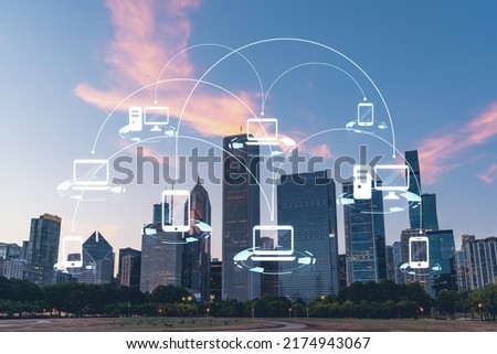 Chicago skyline from Butler Field to financial district skyscrapers at sunset, Illinois, USA. Parks and gardens. Social media hologram. Concept of networking and establishing new people connections Royalty-Free Stock Photo #2174943067