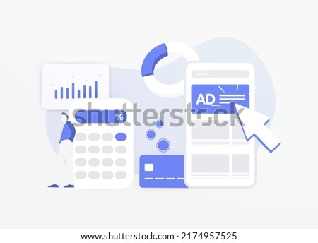 PPC Online Advertising Revenue campaign - Pay-Per-Click Marketing concept. Refund and return rate. In-app or website ad banner. The character calculates the profit from advertising. Flat vector  Royalty-Free Stock Photo #2174957525