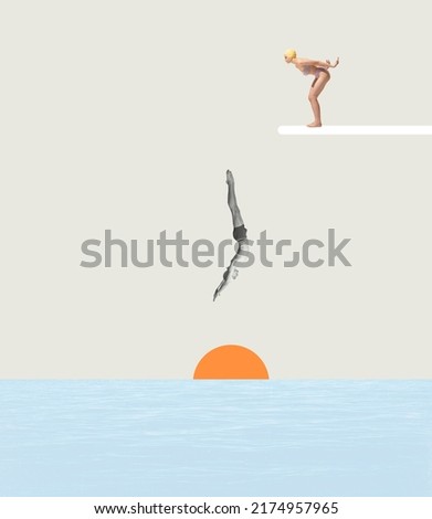 Contemporary art collage. Man and woman in swimming suits diving into sea. Summertime holiday. Concept of summer, mood, creativity, imagiation, party, retro style, fun. Copy space for ad, poster Royalty-Free Stock Photo #2174957965