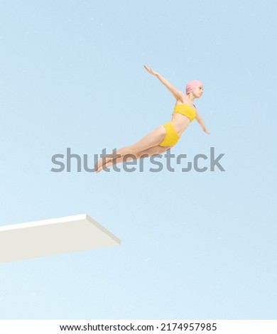 Contemporary art collage. Young girl in yellow swimming suit jumping from starting block, diving. Concept of summer, retro style, mood, creativity, imagiation, party, fun. Copy space for ad, poster