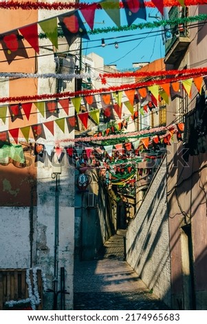 Typical portuguese street party decorations in Mouraria neighbourhood during the Saints Popular Parties Royalty-Free Stock Photo #2174965683