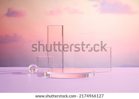 Front view of transparent podium decorated with pinky cloudy sky background abstract content