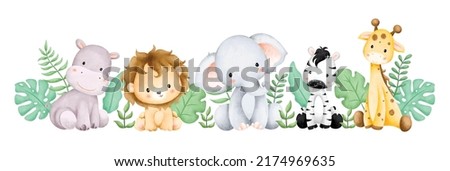 Watercolor illustration safari animals and tropical leaves 