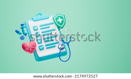 Healthcare medical doctor stethoscope heartbeat clipboard health checkup insurance report service icons.3d rendering.
