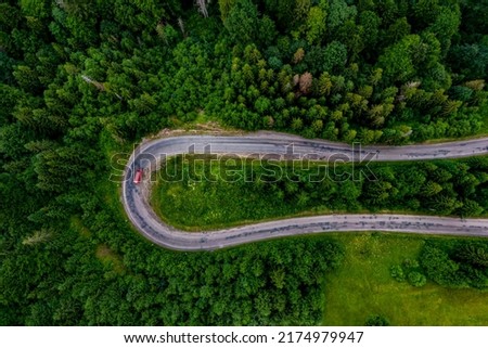 red car driving along the mountain asphalt road. road through beautiful green forest. seen from the air. Aerial top view landscape. drone photography. mountain serpentine
