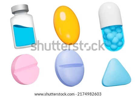 Medication 3d icon set. Medicinal products, pharmaceutical drug. Tablets, pills, liquid for injection. Objects on a transparent background Royalty-Free Stock Photo #2174982603
