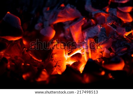 Burning charcoal in the dark, outdoors 