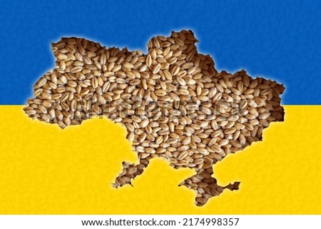 Ukrainian map lies on wheat that is impossible to export. World grain crisis caused by Russian-Ukrainian war concept Royalty-Free Stock Photo #2174998357