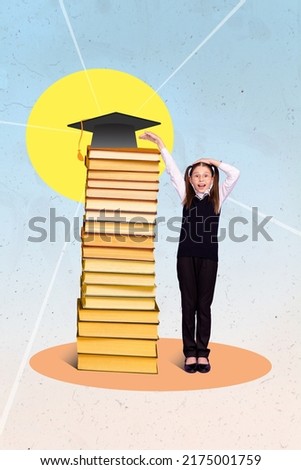 Vertical collage image of amazed happy girl arm measure height book pile reach mortarboard isolated on painted sun background