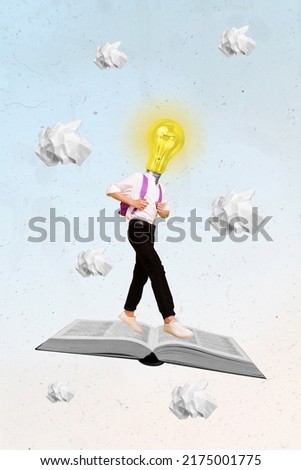 Vertical collage image of small pupil stand big open book light bulb instead head flying crumpled paper isolated on drawing background