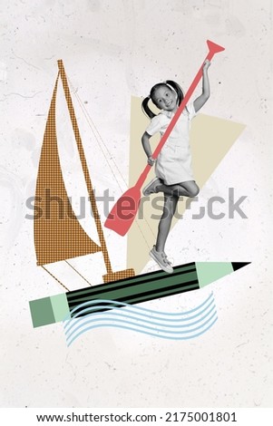 Collage banner of school child travel watercraft float pencil way to courses knowledge isolated draw picture background