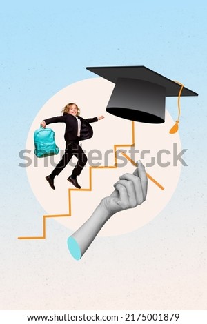 Vertical composite collage picture of big arm hold pencil draw stairs small mini boy walk climb degree graduation isolated on creative background