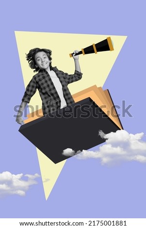 Graphics poster collage of school child trip in book look telescope invention isolated sky picture background