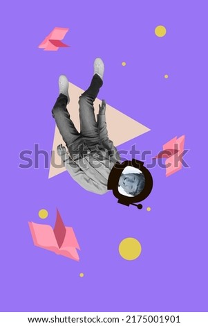 Creative collage of little child read sci fi story imagine explorer flight outer cosmic paint background Royalty-Free Stock Photo #2175001901