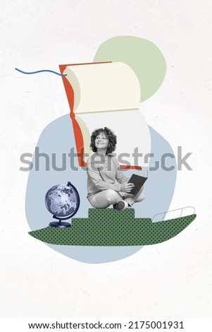Creative collage of floating boat information river school child nerd reader look banner isolated surreal picture background