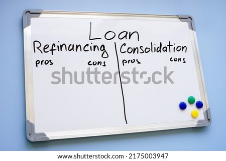 Whiteboard with written words Loan refinancing vs consolidation.