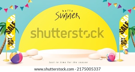 Summer sale poster banner template with product display podium and beach party background