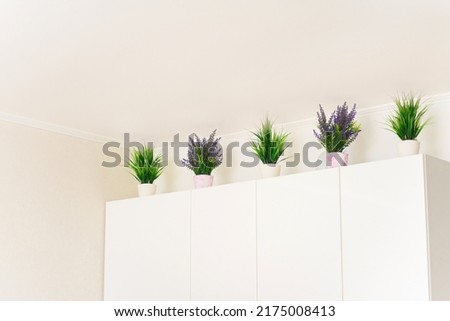 white shelves with flowers in the kitchen