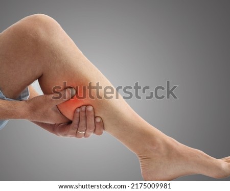 Adult man holding leg muscle pain and numbness from muscle cramps isolated on grey background with copy space for text. Calf muscle pain in runner.