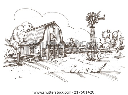 Hand drawn illustration of farmhouse. EPS 10. No transparency. No gradients.