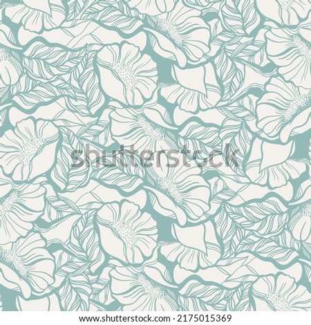 Painted flowers, leaves. Abundant flowering. Hand-drawn graphics, smooth lines, artwork. Floral print design for fabric, vector illustration, monochrome colors. Botanical background, seamless pattern