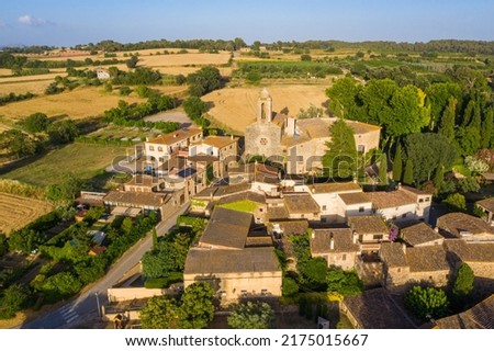 Pubol  small town province of Girona, Catalonia. Top view from above. Aerial drone photo of Spanish city. castle of pubol spain. Sunny evening