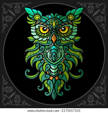 Illustration of Colorful beautiful owl zentangle arts. isolated on black background