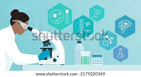 Woman working in a lab and checking samples under the microscope: scientific and medical research concept