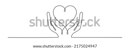 Continuous one line drawing hand holding heart. Charity donation linear symbol. Vector isolated on white. Royalty-Free Stock Photo #2175024947