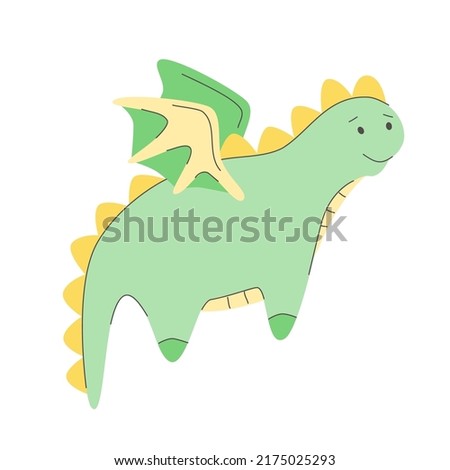 Cute little dragon, kawaii flying dino character, funny fairytale animal. Magic creature for any purposes. Happy birthday, party, print, cover. Doodle vector illustration. Cute funny pattern.