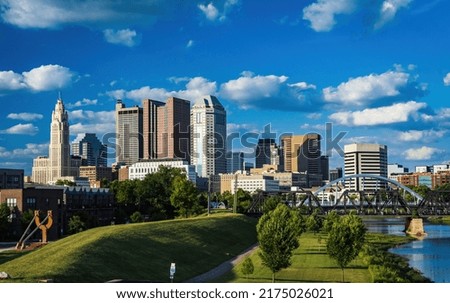 Downtown Columbus Ohio Skyline, with Scioto River and Park