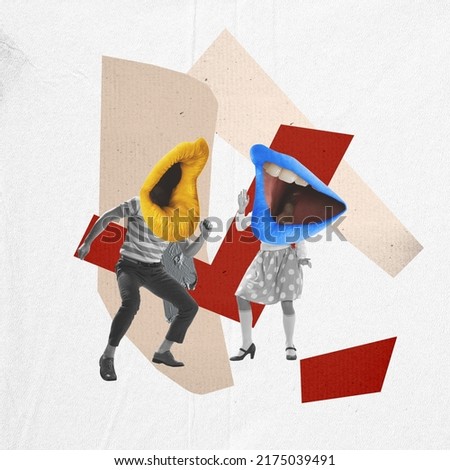 Contemporary art collage. Couple, man and woman with big open blue and yellow mouths instead heads over abstract background. Concept of vintage style, surrealism, imagination, inspiration.